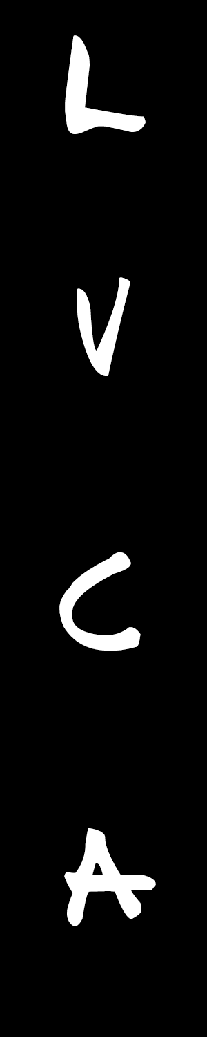 Animated LVCA lettering arranged vertically on a black background.