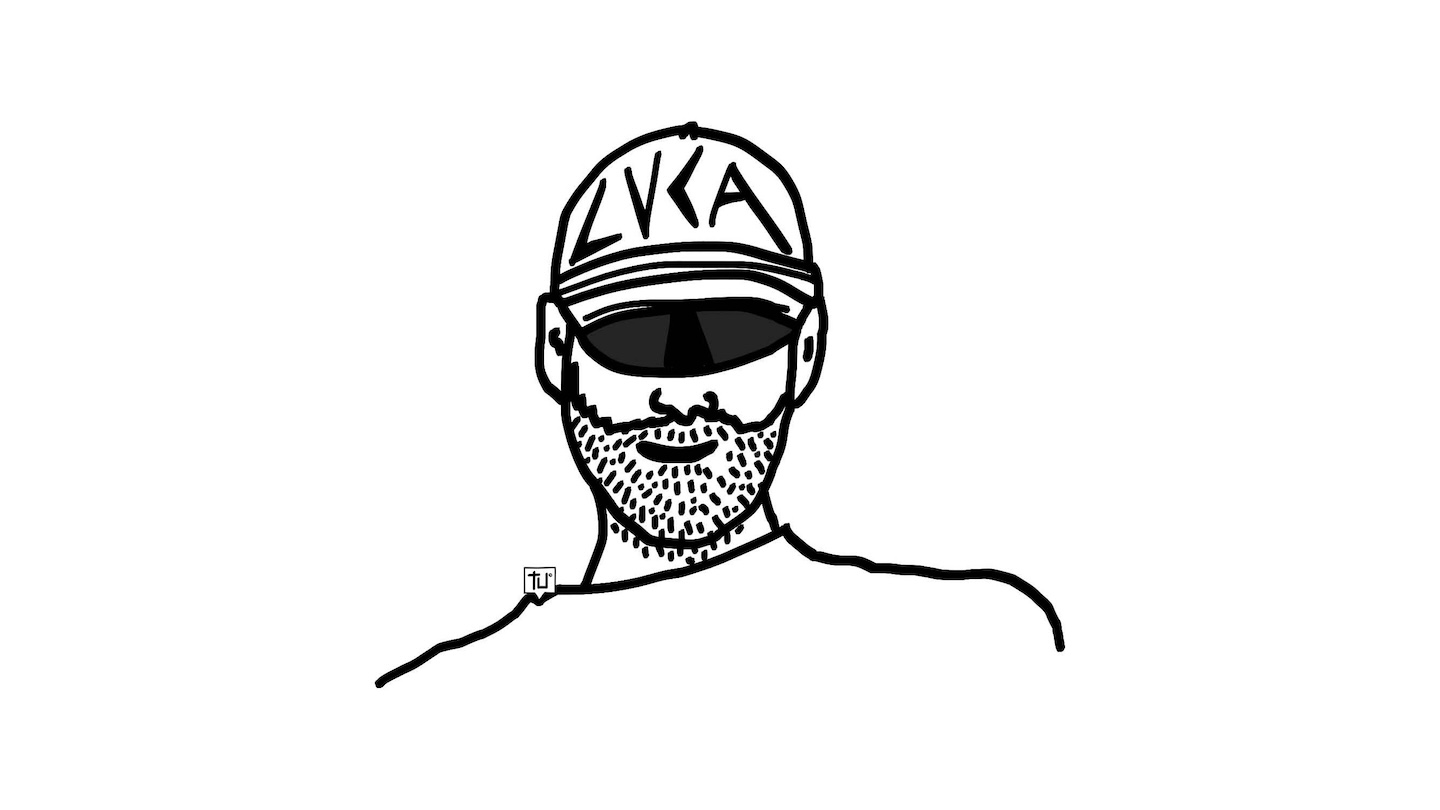 Black-and-white illustration of LVCA, co-founder of Sabotage Milano, by TU.