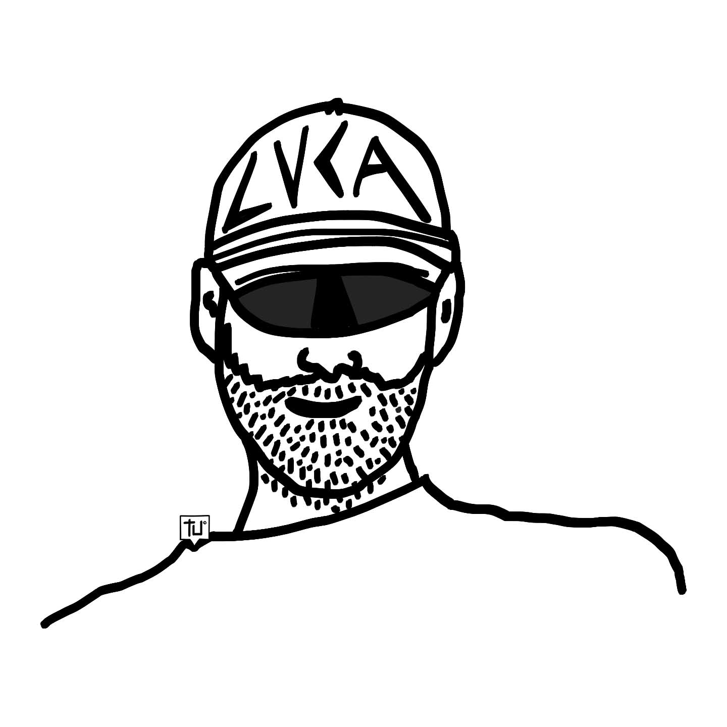 LVCA, co-founder of Sabotage Milano, illustrated by TU in black and white.